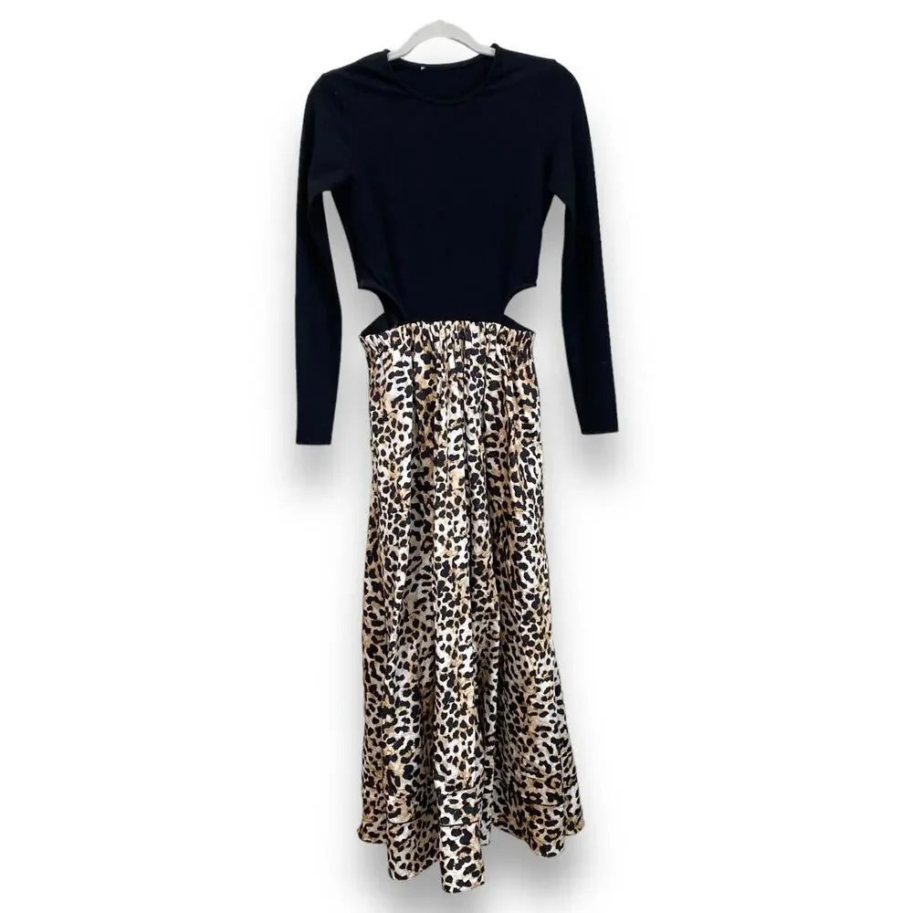 SOMETHING NAVY Tara Long Sleeve Cut Out Leopard Print Maxi Dress Black/Brown S - Picture 2 of 8